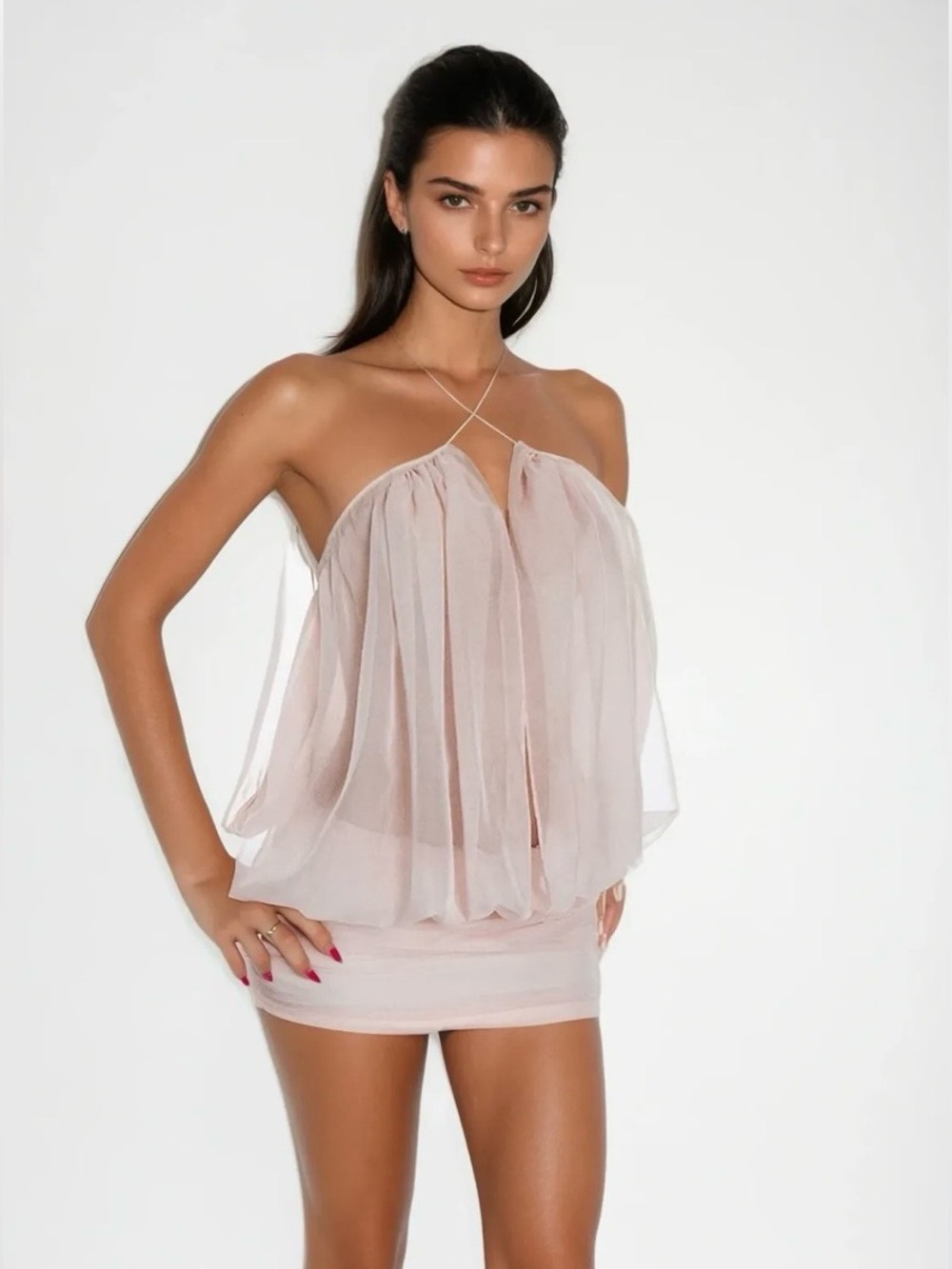 Innovare Denim Carola Halter Sheer Mesh Ruch Plunge Mini Dress Dusty Pink NWT